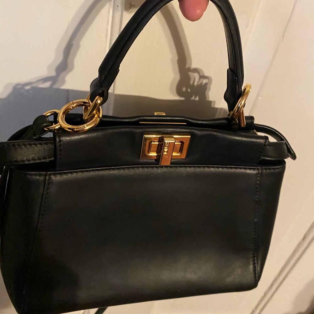 FENDI Peekaboo Mini, Black Genuine Leather Shoulder Bag with Gold Hardware